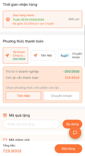 Chọn phương thức thanh toán - Tài khoản công ty